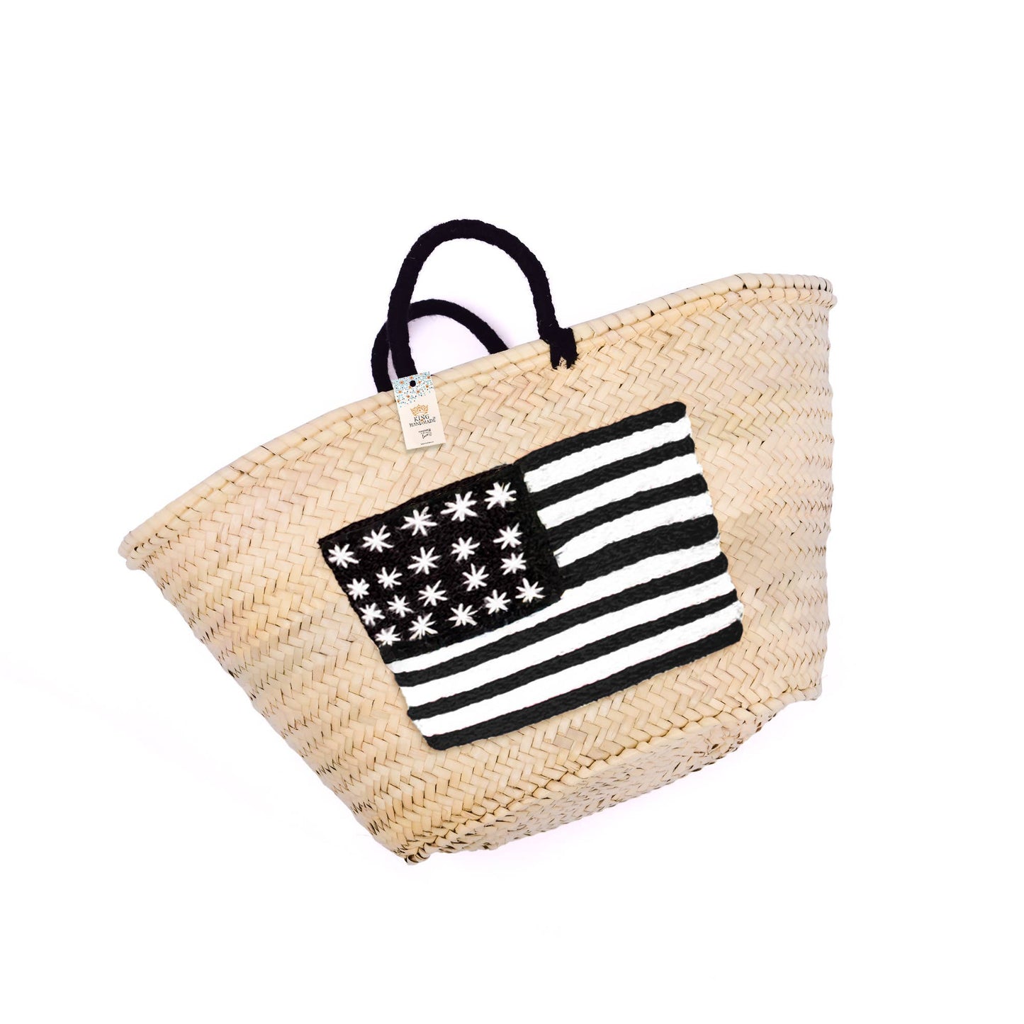 Embroidered US Flag Straw Tote - Small Handle American Bag