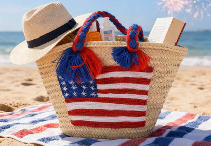 4th of July Straw Tote – Handmade USA Flag Basket