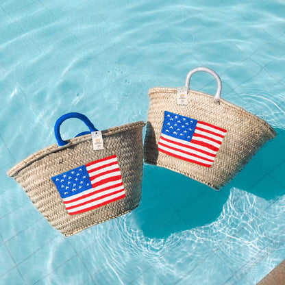 Embroidered US Flag Straw Tote - Small Handle American Bag