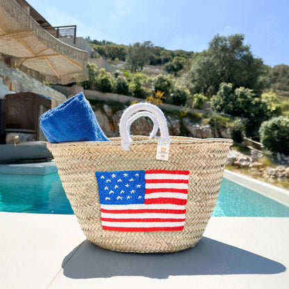 Embroidered US Flag Straw Tote - Small Handle American Bag