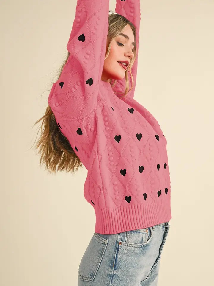 Heart Embroidery Pom Pom Sweater