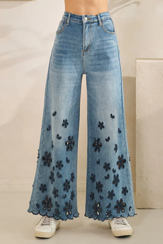 Washed Flower Cutout Denim Pants